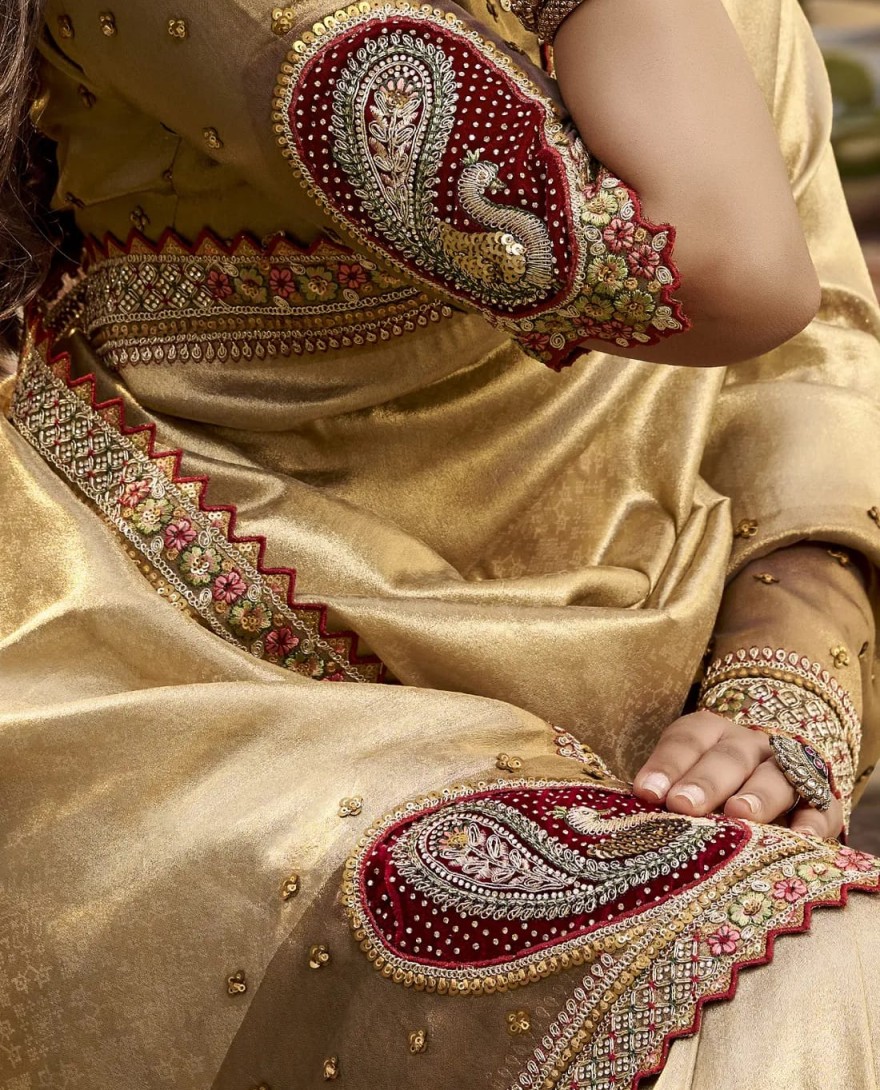 106 - Bronze Gold Embroidered Tissue Silk Saree with Stitched Blouse